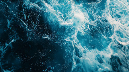 Aerial view of ocean water with foamy white waves contrasting against the deep blue sea, creating a dynamic and textured surface.の素材