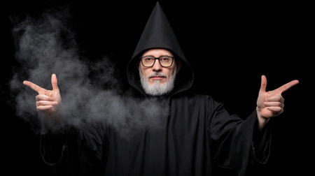 Man in black robe and pointed hood, wearing glasses, with a white beard, casting a spell with smoke emanating from his hands.の素材