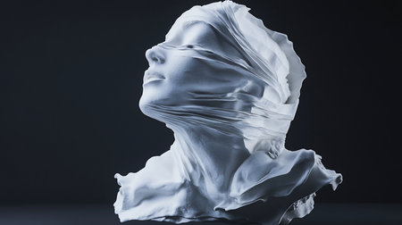 A white sculpture of a woman's head, draped with flowing fabric that partially obscures her face, creating a sense of mystery and artistic expression.の素材
