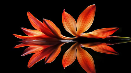 Close-up of vibrant orange flower petals with visible striations, gracefully floating on a calm water surface, creating a stunning mirror image.の素材