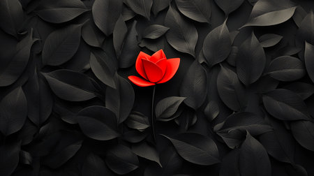 A single, bright red flower stands out against a backdrop of numerous dark, textured leaves, creating a striking contrast.の素材