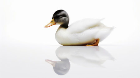 A cute, fluffy white duckling with a dark grey head and bright orange feet is resting on a reflective surface.の素材