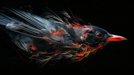 A stylized bird with black and gray plumage, accented by fiery red and orange lines, creating a dynamic and abstract avian portrait.の素材