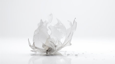 A shattered, transparent object with sharp, pointed edges forming a delicate, abstract shape. Tiny fragments and shards are scattered at its base.の素材