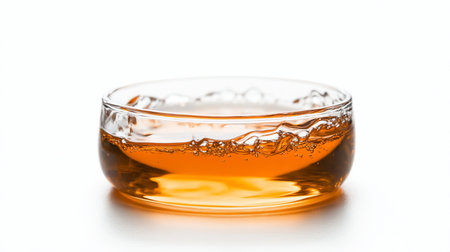 A clear glass bowl contains an amber-colored liquid with visible bubbles along the surface, creating a dynamic and textured appearance.の素材