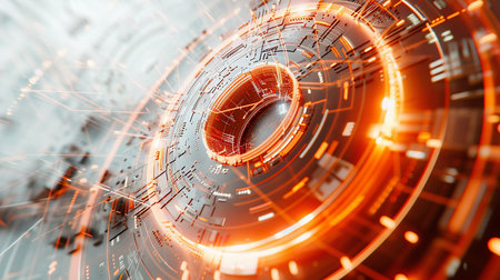 A complex, abstract ring structure featuring intricate circuitry and glowing orange light, creating a futuristic, technological aesthetic.の素材