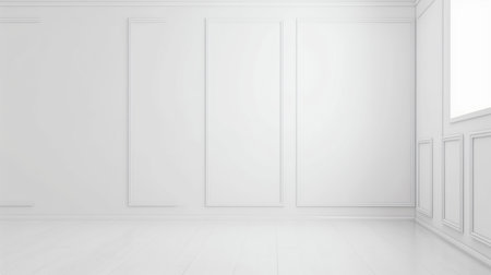 A minimalist white room features decorative wall paneling, a bright window, and a light wooden floor, creating a clean and spacious interior.の素材