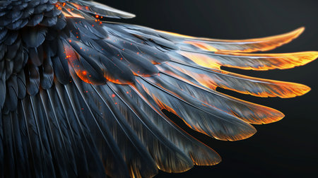 Detailed view of dark, textured feathers with glowing orange edges and scattered fiery sparks, suggesting a magical or elemental origin.の素材