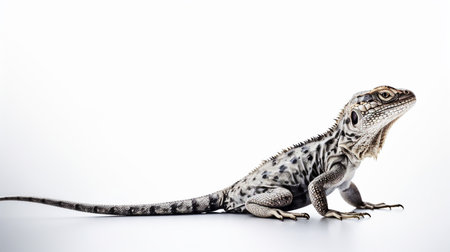 A sailfin lizard with textured scales, displaying a gray and black pattern, and a long, slender tail, posed in a side view.の素材