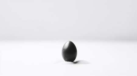 A single, dark, speckled egg stands upright on a small pile of white granular material, isolated against a bright, minimalist background.の素材