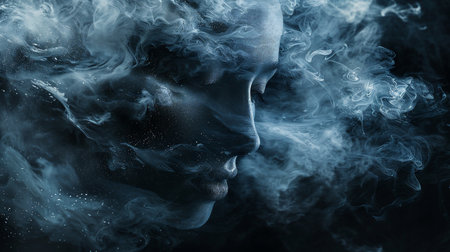 Profile of a woman's face, skin textured with fine particles, surrounded by swirling, smoky wisps, creating an ethereal and dreamlike effect.の素材