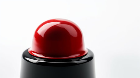 Macro shot of a red lipstick with a glossy finish, set in a sleek black tube, presented against a clean white backdrop.の素材