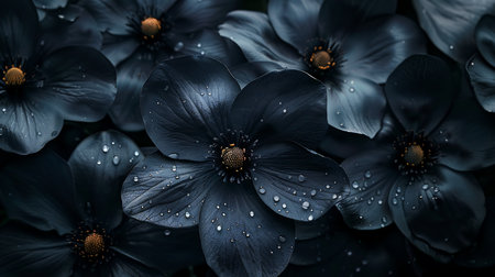 Dark blue flowers with textured petals, adorned with glistening water droplets. The flowers have a central, textured, golden-brown core.の素材