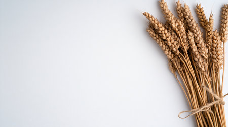 A tightly bound bundle of golden-brown dried wheat stalks, featuring textured grain heads and a rustic twine tie, symbolizing harvest and agriculture.の素材