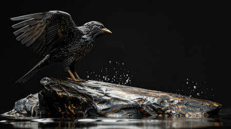 A detailed, dark-feathered bird with iridescent speckles stands on a rough, textured rock, with water droplets splashing around it.の素材