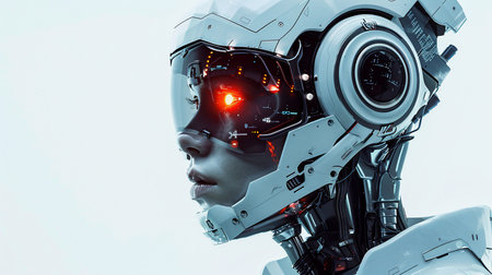 Close-up profile of a cyborg woman with a detailed mechanical head, glowing red cybernetic eye, and reflective visor, showcasing intricate futuristic design.の素材
