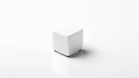 A sleek, minimalist white ceramic object, shaped like a cuboid with softly rounded corners, featuring a high-gloss finish and small black feet.の素材