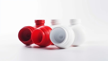 Close-up of several red and white plastic roll-on deodorant bottles, some lying on their sides, showcasing their round shape and textured necks.の素材
