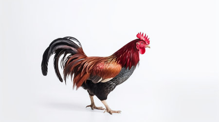A striking rooster stands proudly, showcasing its rich, multi-colored plumage and a magnificent, flowing tail.の素材