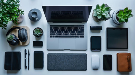 Silver laptop with black keyboard, surrounded by gadgets, plants, and accessories on a white surface, creating a modern workspace aesthetic.の素材