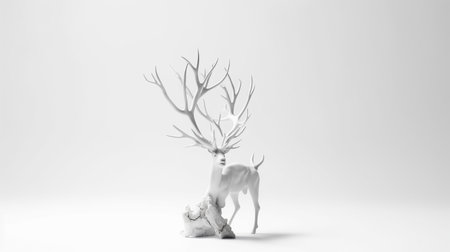 A striking white stag sculpture with a highly detailed, branching rack of antlers, posed elegantly on a rough, textured rock formation.の素材