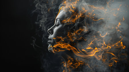 A striking profile of a woman's face, rendered in grayscale, is dramatically intertwined with vibrant orange flames and wisps of smoke.の素材