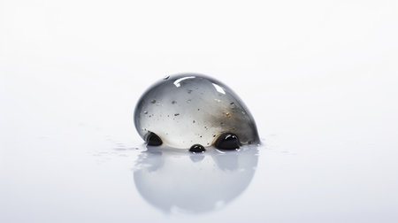 A small, dome-shaped, gelatinous creature with a smoky grey translucent body filled with tiny black specks. It has three glossy black feet and is covered in water droplets.の素材