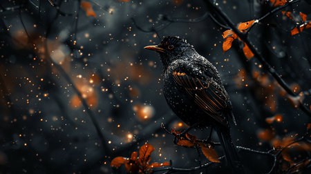 A black starling with speckled plumage is perched on a branch, featuring an orange beak and detailed feather texture.の素材