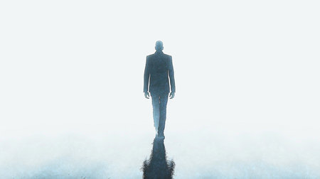 A stylized, textured silhouette of a bald man in a formal suit walking directly towards the viewer. His dark figure casts a prominent reflection on the ground.の素材