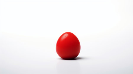 A single, vibrant red egg with a smooth, glossy surface, standing upright. Simple, clean, and minimalist composition.の素材