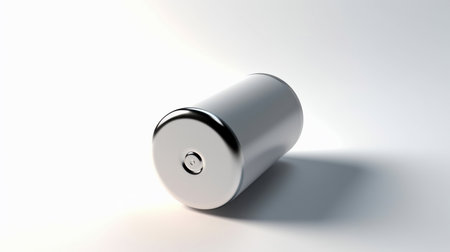 A single, smooth, silver cylindrical object with highly polished, reflective metallic ends, casting a subtle shadow.の素材