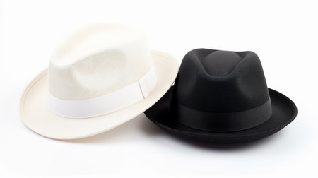 A cream-colored fedora with a white band and a black fedora with a black band, presented on a white background.の素材