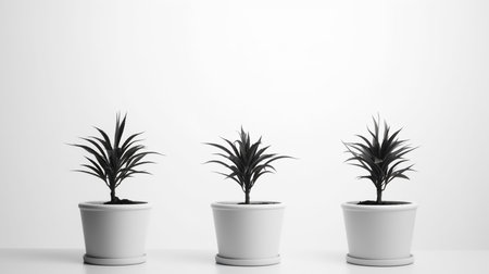Three identical small plants with dark, spiky foliage in clean white cylindrical pots, presented in a monochrome, minimalist style.の素材