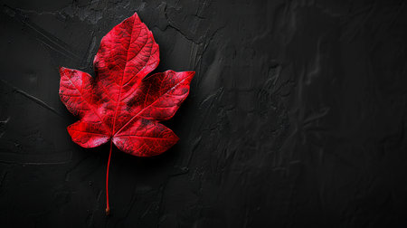 A single, striking red maple leaf with detailed vein patterns rests on a dark, textured background, showcasing its natural beauty and texture.の素材