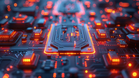 Dark circuit board with intricate metallic traces and components, illuminated by vibrant orange light. Glowing pathways suggest data flow.の素材