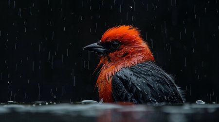 Striking bird with bright orange head feathers and sleek black body, partially submerged in water, with raindrops visible.の素材
