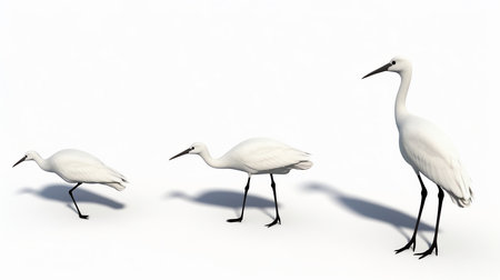 Three white egrets with black beaks and legs, each in a different pose. The birds have textured feathers and cast shadows.の素材