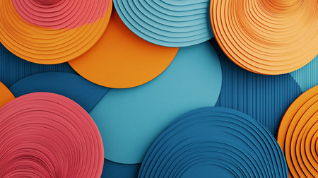 A vibrant arrangement of layered circles in pink, orange, and blue hues, featuring smooth, textured surfaces and geometric patterns.の素材
