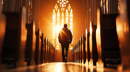 Rear view of a man in a dark hooded jacket, silhouetted by radiant golden sunlight streaming through a large, arched stained-glass window.の素材