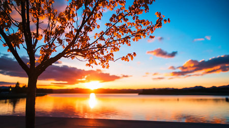 A young tree silhouetted against a bright light, its dark trunk and branches adorned with vibrant, glowing orange leaves illuminated by a warm, golden backlight.の素材
