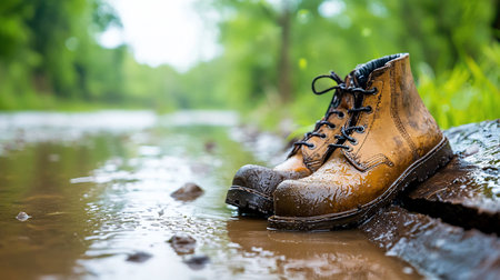 A pair of rugged brown leather work boots, wet and splattered with mud, featuring black laces, visible stitching, and thick, treaded rubber soles.の素材