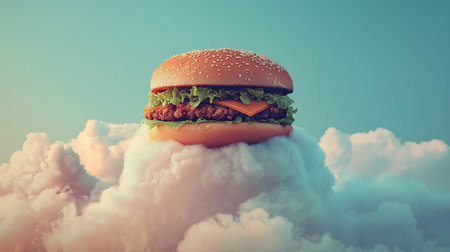 A delicious hamburger featuring a crispy fried patty, a slice of melted orange cheese, and fresh green lettuce, all inside a soft, toasted sesame seed bun.の素材