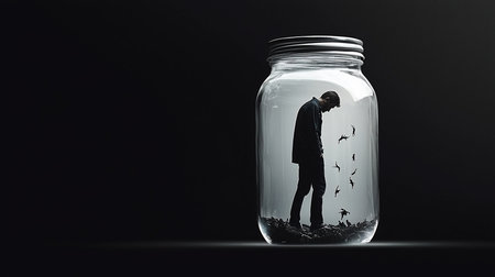 A clear glass jar with a metal lid contains a miniature, surreal scene of a man standing on dark soil, head bowed, with small, dark, bird-like figures floating around him.の素材