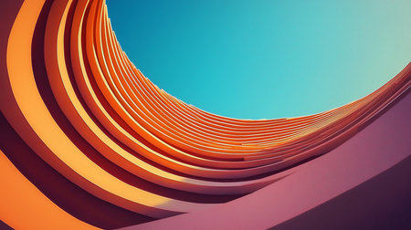 An abstract architectural structure composed of layered, curved lines in shades of orange and purple, creating a sense of depth.の素材