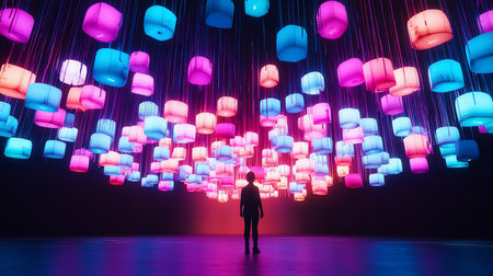 A person's silhouette stands in a dark room, looking up at a ceiling filled with hundreds of hanging, cube-shaped lanterns glowing in vibrant pink, blue, and purple hues.の素材
