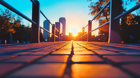From a low perspective, a brick-paved path with railings leads to a city skyline, bathed in the warm, glowing light of a beautiful sunset, creating a serene urban scene.の素材