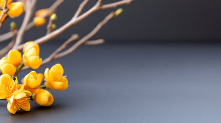 A close-up of a light brown branch adorned with vibrant yellow artificial flowers and small green buds. The blossoms have delicate petals and detailed golden stamens.の素材
