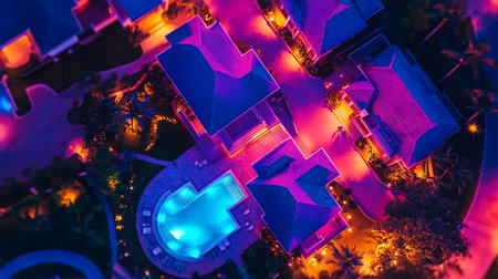 Aerial view of luxury homes with illuminated swimming pool, surrounded by lush landscaping and vibrant, colorful lighting at night.の素材