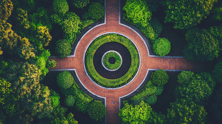 Top-down view of a circular garden featuring concentric rings of greenery and dark soil, intersected by brick paths in a cross shape.の素材