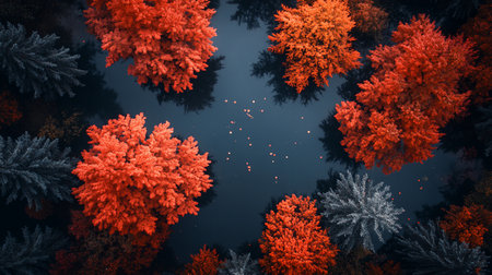 A cluster of trees with bright orange and muted gray foliage, seen from above, creating a colorful and textured natural pattern.の素材